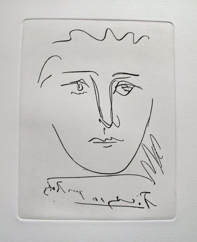 PABLO PICASSO POUR ROBY RESTRIKE ETCHING: This Is A Pablo Picasso Restrike Etching Titled "pour Roby" Or "l'age De Soleil" Made On Thick Paper; Signed In The Plate Backwards. Image Measures 9" X 7" On 16 1/2" X 13 1/2" Paper. This Is In Excel