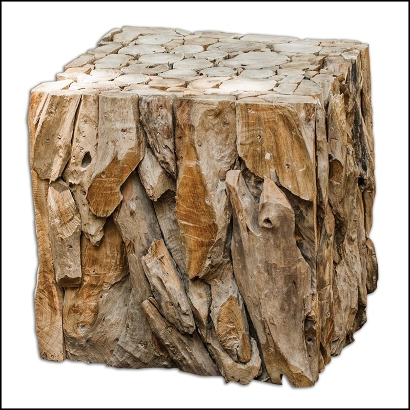 TEAK ROOT BUNCHING CUBE: Teak Root Bunching Cube - Material: WOOD - Overall Depth: 16.5 Inches - Overall Width: 16.5 Inches - Overall Height: 18.5 Inches - Weight: 27 Lbs. - Description: Reclaimed Teak Wood, Skillfully Pieced