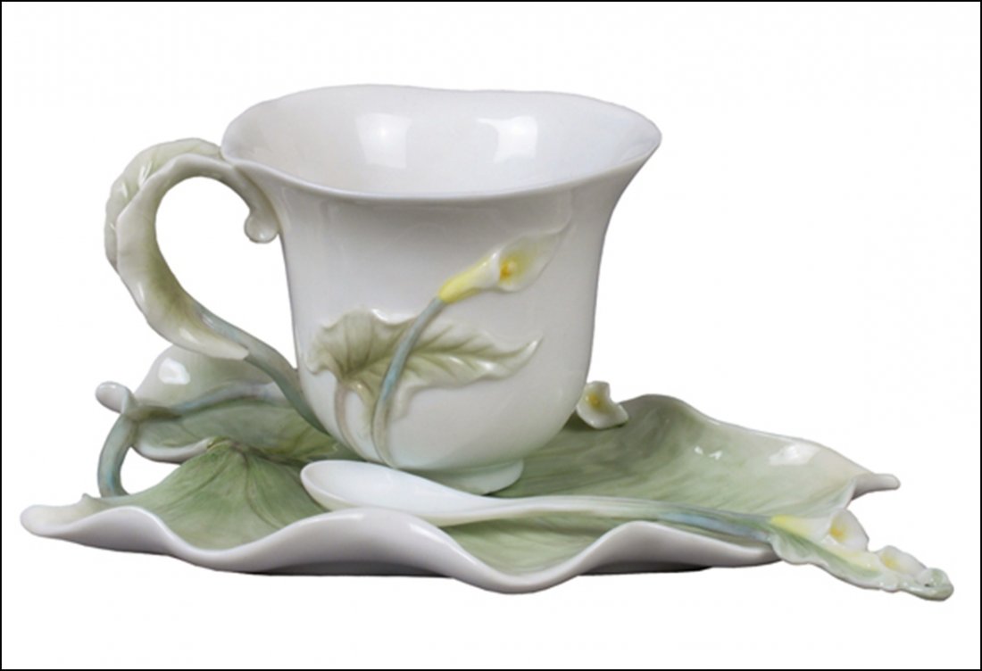 CALLA LILY COFFEE CUP SET WITH SPOON: Calla Lily Coffee Cup Set With Spoon - Material - Fine Porcelain - Size - (l) 6 1/4