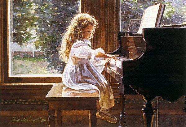 THE SOUND OF TINY FINGERS - STEVE HANKS: The Sound Of Tiny Fingers - Steve Hanks - Hand Signed - Limited Edition Print - Image Size: 11"w X 8"h. Edition Size:200 - This young pianist is hard at work on her scales in anticipation of the arriv