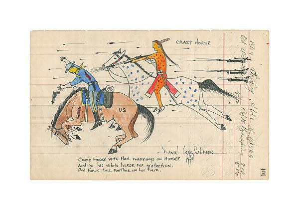 CRAZY HORSE WITH HAIL MARKINGS - DANIEL LONG SOLDIER: Crazy Horse With Hail Markings - Daniel Long Soldier - Hand Signed - Limited Edition Print - Image Size: 12"w X 7 1/2"h. Edition Size:75 - Writing reads: Crazy Horse with hail markings on himself and 