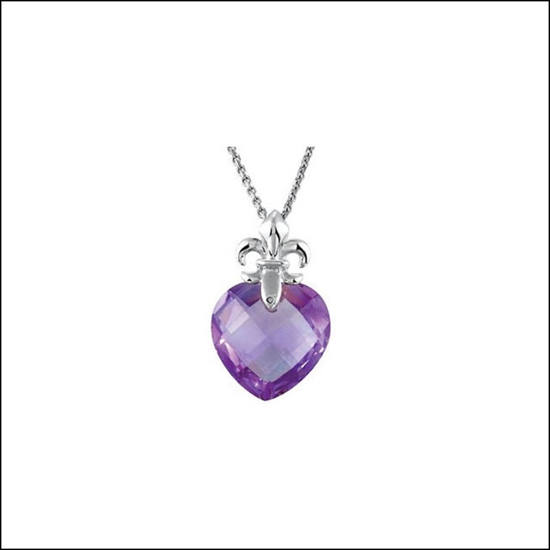 GENUINE AMETHYST HEART WITH FLEUR-DE-LIS DESIGN PENDANT: GENUINE AMETHYST HEART WITH FLEUR-DE-LIS DESIGN PENDANT - Ster / 13.00X13.00 Mm / P / Gen Checkerbo Ameth Pendant - Weight: 0.77DWT - GramWeight: 1.2