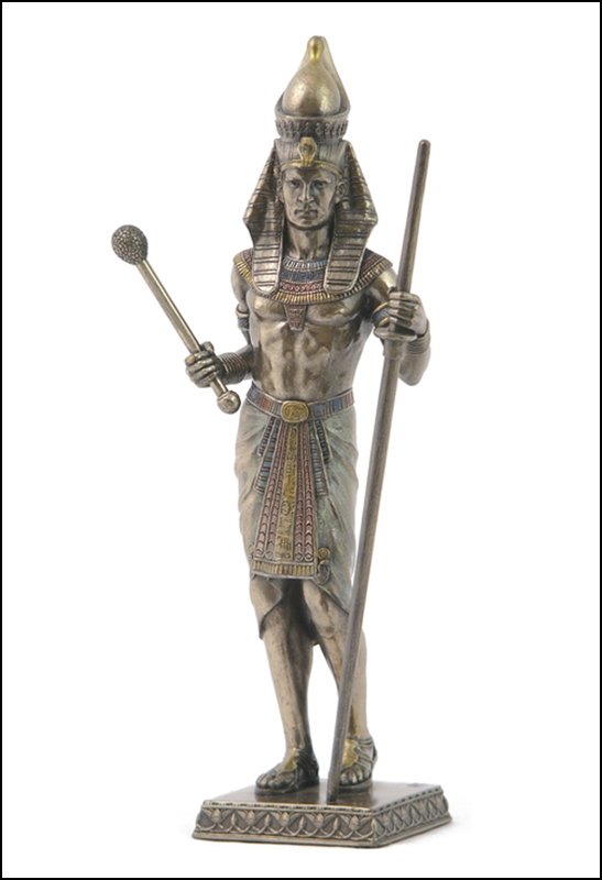 PHARAOH IN DOUBLE CROWN HOLDING SCEPTER AND STAFF -: Pharaoh In Double Crown Holding Scepter And Staff - Material - Cold Cast Bronze - Size - 9 3/4
