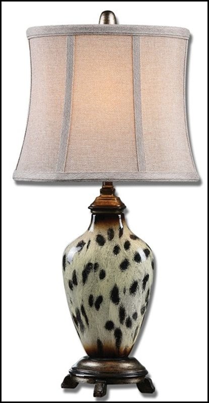 MALAWI CHEETAH PRINT TABLE LAMP: Malawi Cheetah Print Table Lamp - Voltage: 110 - Material: METAL,PORCELAIN,RESIN AND FABRIC - Overall Depth: 8 Inches - Overall Width: 11 Inches - Overall Height: 22.75 Inches - Weight: 6 Lbs. - Descr