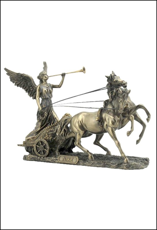 NIKE WITH TRUMPET ON TWO - BRONZE: Nike With Trumpet On Two-horse Chariot - Material - Cold Cast Bronze - Size - 11 1/4