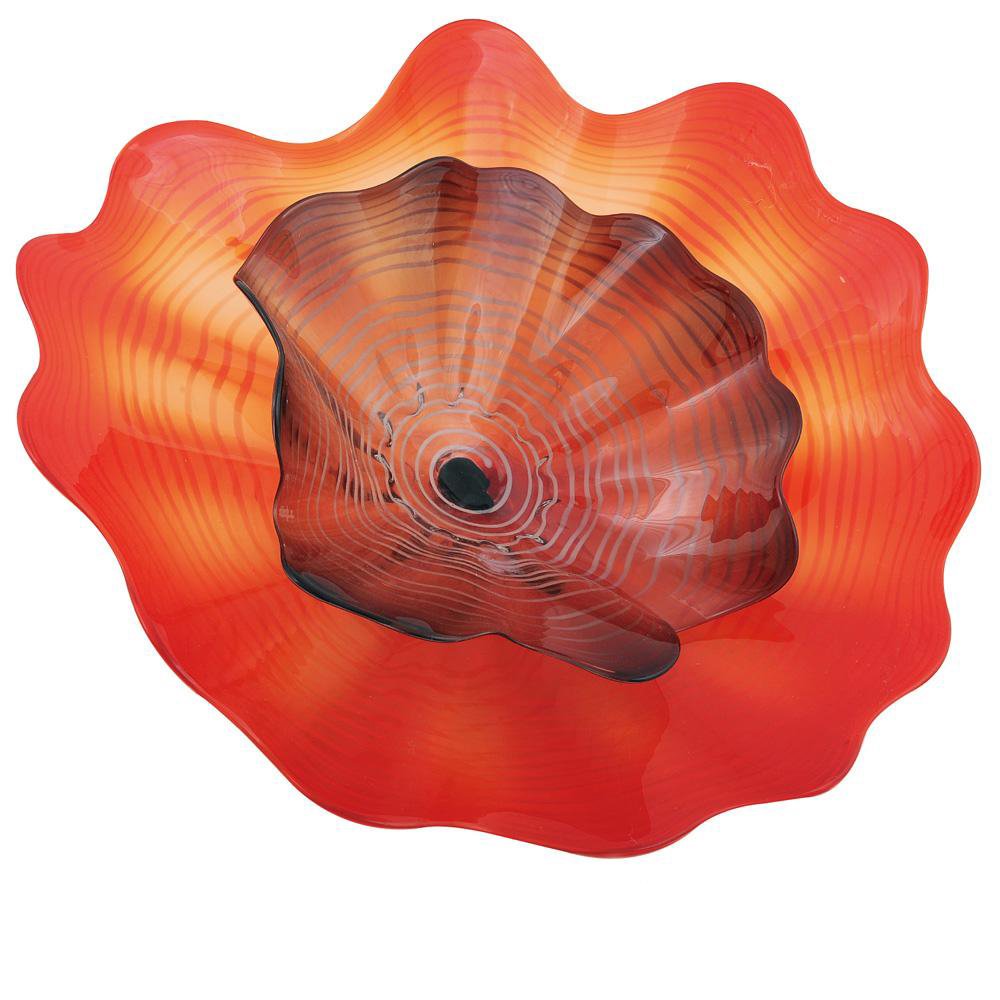 HAND BLOWN - BLOOMING LOTUS DOUBLE WALL PLATE - LARGE: Hand Blown Art Glass - Blooming Lotus Double Wall Plate - Large - Dimensions: D=20" - This Is A Hand Blown One-of-a-kind Piece Of Art Glass. As Such, Color And Pattern Variations Should Be Expected.