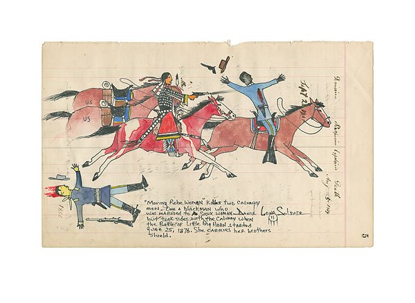 MOVING ROBE WOMAN - DANIEL LONG SOLDIER: Moving Robe Woman - Daniel Long Soldier - Hand Signed - Limited Edition Print - Image Size: 12"w X 7 1/2"h. Edition Size:75 - Writing reads: Moving Robe Woman kills two cavalry men. One was a blackman
