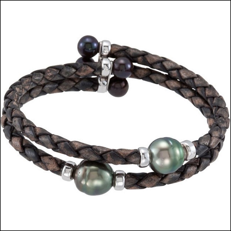 TAHITIAN & FRESHWATER CULTURED BLACK PEARL CUFF: TAHITIAN & FRESHWATER CULTURED BLACK PEARL CUFF BRACELET - Ster / 9Mm/6-6.5Mm/7 Inch / P / Tah Cul Prl&Fw Cul Bl Prl Cuf - Weight: 0.86DWT - GramWeight: 1.34