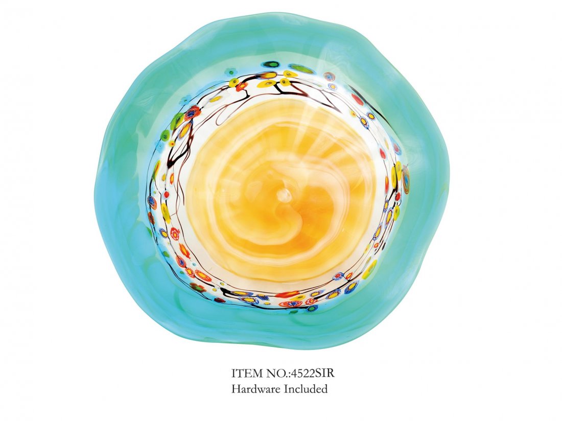 HAND BLOWN - SMALL SEA-FOAM GREEN/AMBER WALL ART WITH: Hand Blown Art Glass - Small Sea-foam Green/amber Wall Art With Multi-color Dots - Dimensions: D=12" - This Is A Hand Blown One-of-a-kind Piece Of Art Glass. As Such, Color And Pattern Variations Shou