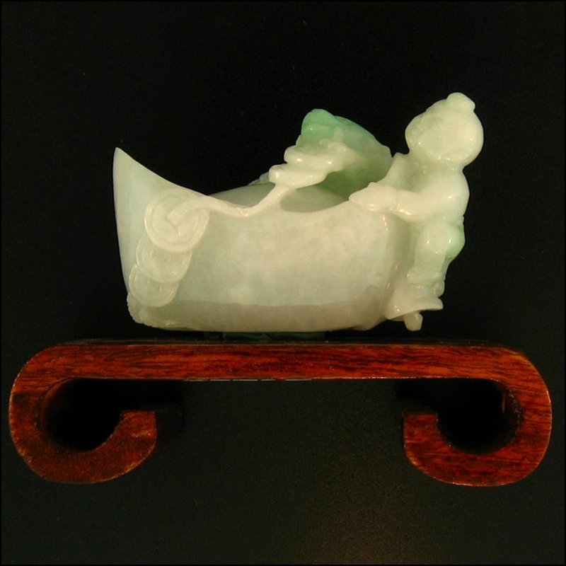 NATURAL GREEN JADE STATUARY: This Is A-one-of-a-kind - Natural Green Jade Statuary - Metal: N/a Karat: N/a Stone Size: 2 X 1 X 1 Inch Details: Carved Boy With Ingot, Frog & Coins - This Is Guaranteed Grade A Jade (jadeite)