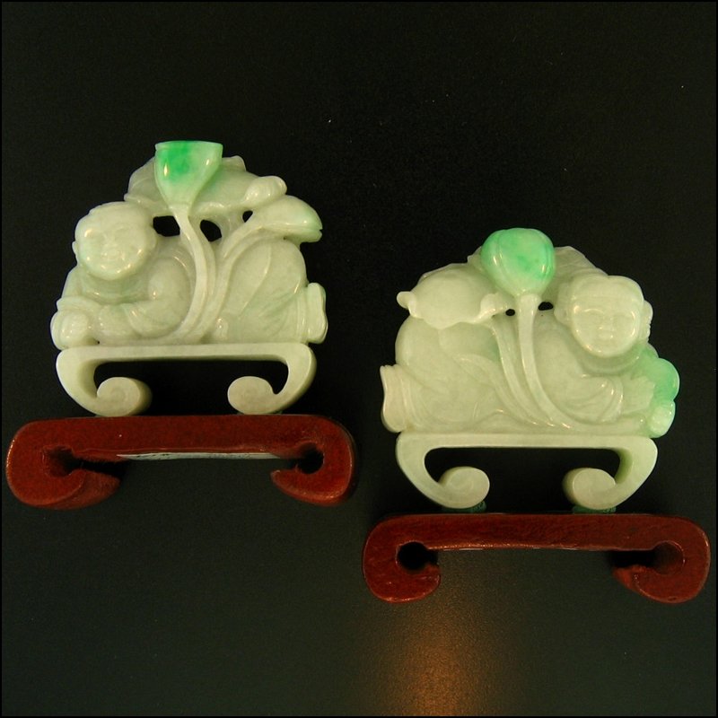 NATURAL GREEN JADE STATUARY: This Is A-one-of-a-kind - Natural Green Jade Statuary - Metal: N/a Karat: N/a Stone Size: Approx 50x50mm Each Details: Carved Boy And Girl With Lotus Blossoms & Wood Stands. Price Includes Pair. - Thi