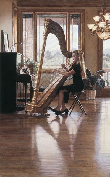 PRIVATE RECITAL - STEVE HANKS: Private Recital - Steve Hanks - Hand Signed - Limited Edition Print - Image Size: 19"w X 30"h. Edition Size:1650 - When a child is learning a musical instrument, it may be hard for their family to pat