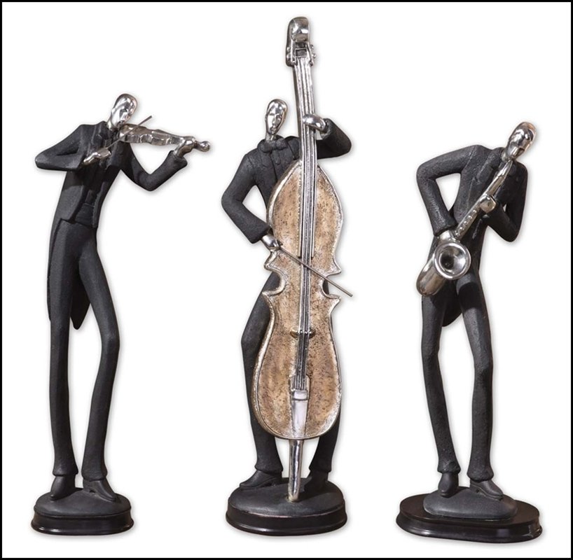MUSICIANS DECORATIVE FIGURINES, SET/3: Musicians Decorative Figurines, Set/3 - Material: Polyresin - Overall Depth: 4.375 Inches - Overall Width: 5 Inches - Overall Height: 18 Inches - Weight: 8 Lbs. - Description: These Fun Statues Are Fi