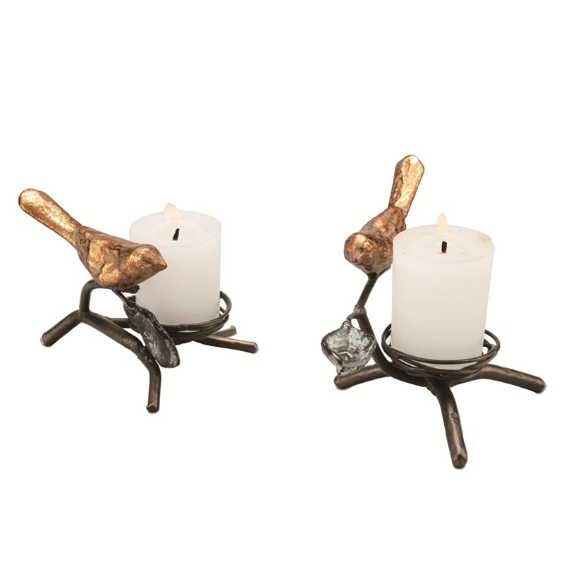 BIRD PILLAR CANDLEHOLDERS S/2: Bird Pillar Candleholders S/2 - Weight: 1.00 Lbs - Size: 4"H 4"W 3.5"D - Material: SHEET METAL