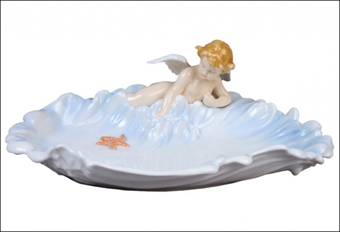 CHERUB & STARFISH ON WAVE JEWELRY TRAY: Cherub & Starfish On Wave-jewelry Tray - Material - Fine Porcelain - Size - (l) 8 1/4