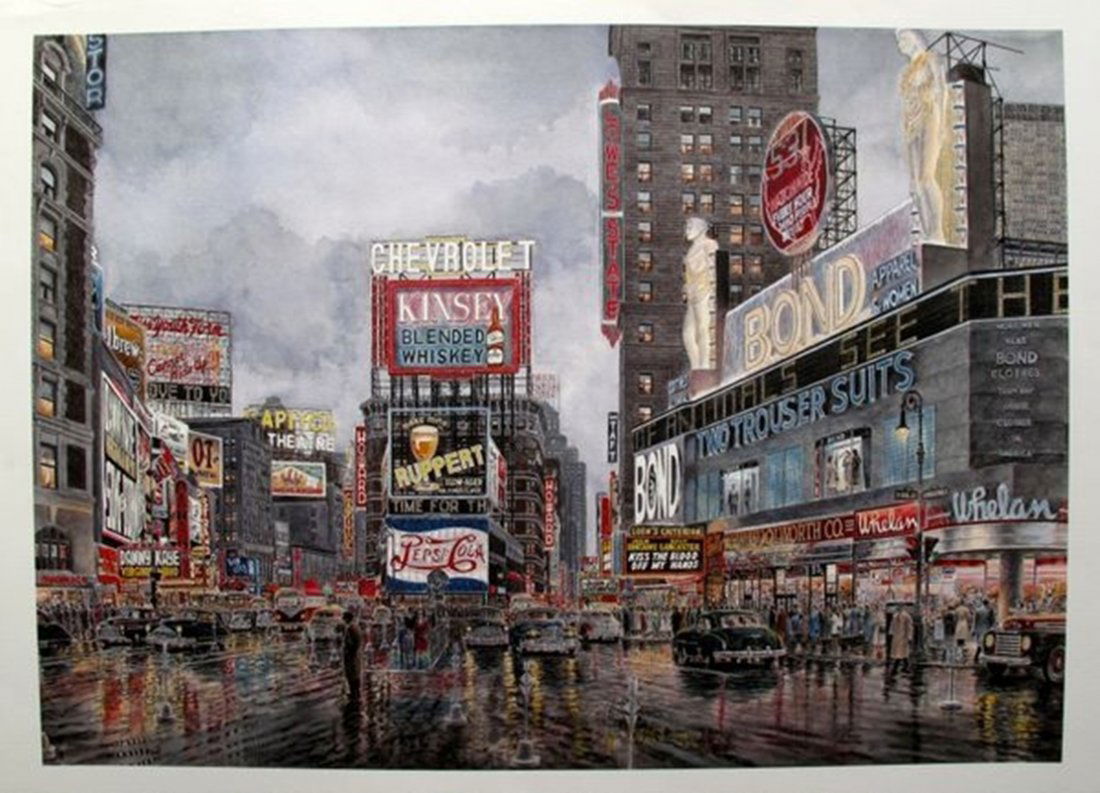 STANTON MANOLAKAS TIMES SQUARE NEW YORK PLATE SIGNED: This Is A Beautiful Iris Giclee Titled "times Square, Crossroads Of The World Circa 1949" By Stanton Manolakas. The View Of Times Square From 44th St. This Giclee Is Plate Signed By The Artist. Image