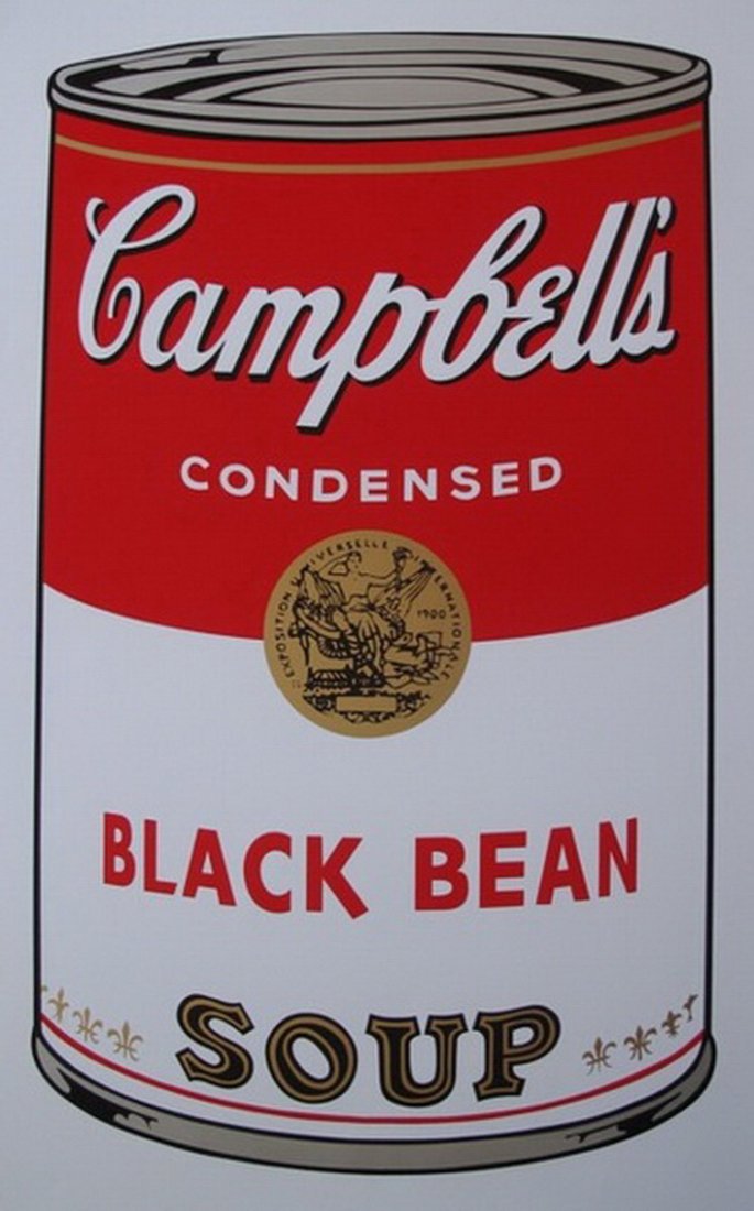 ANDY WARHOL SUNDAY B. MORNING BLACK BEAN SOUP CAN: Campbell'S Black Bean Can Serigraph By Andy Warhol Sunday B Morning. Sunday B. Mornings Editions Serigraph That Is Stamped On The Verso In Blue Ink "Published By Sunday B Morning" – "Fill In Your Ow