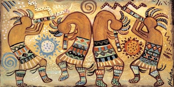 DONNA POLIVKA - KOKOPELLI QUARTET: Donna Polivka - Kokopelli Quartet - 36 X 18 In. - This Giclée Print Is Gallery Stretched And Ready To Hang Or Lean Against A Wall, Or Display On An Easel. - A Giclée Print Is The Highest Quality Pri