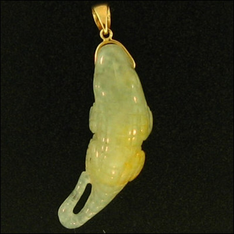 NATURAL YELLOW JADE PENDANT: This Is A-one-of-a-kind - Natural Yellow Jade Pendant - Metal: Yellow Gold Karat: 14k Stone Size: 11x34mm Details: Carved Alligator - This Is Guaranteed Grade A Jade (jadeite)
