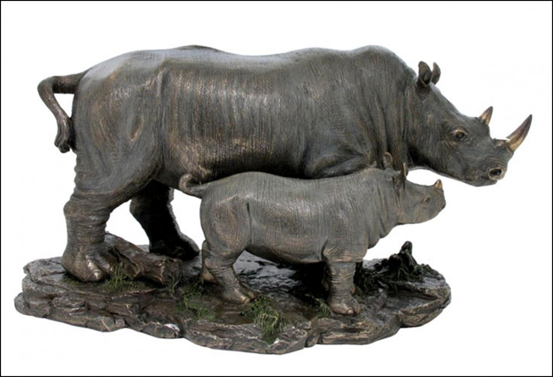 RHINO AND BABY RHINO - BRONZE: Rhino And Baby Rhino - Material - Cold Cast Bronze - Size - 13 3/4