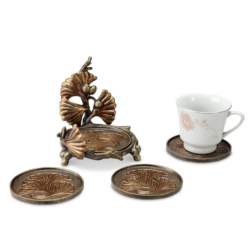 GINGKO LEAF COASTER S/4 WITH H: Gingko Leaf Coaster S/4 with H - Weight: 1.00 Lbs - Size: 5"H 5"W 5"D - Material: ALUMINUM
