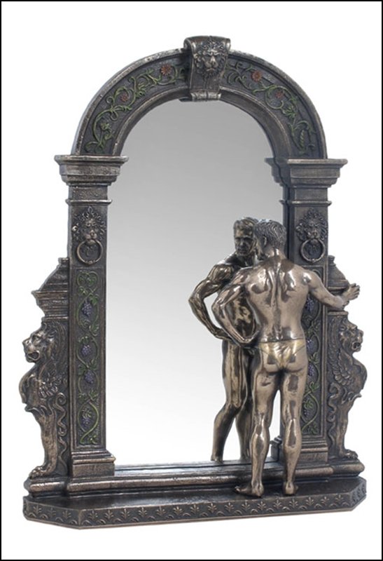 NUDE MALE MIRROR WITH LION FRAME - BRONZE: Nude Male Mirror With Lion Frame - Material - Cold Cast Bronze - Size - 12 3/4