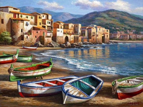 SUNG KIM - SPIAGGIA DELLA CITTA: Sung Kim - Spiaggia Della Citta - 32 X 24 In. - This Giclée Print Is Gallery Stretched And Ready To Hang Or Lean Against A Wall, Or Display On An Easel. - A Giclée Print Is The Highest Quality Print