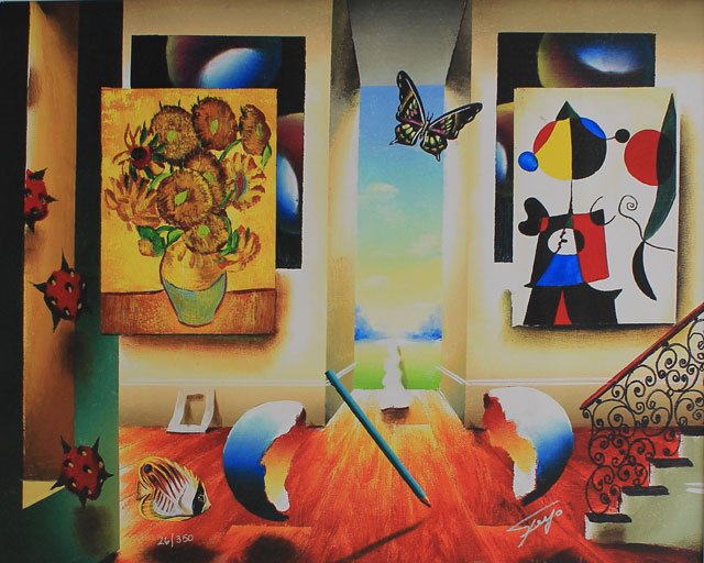 FERJO - MIRO AND SUNFLOWERS: Artist: Ferjo. Title: MIRO AND SUNFLOWERS. Medium: . Image Size: 16" x 20".. __________Artist Biography: Fernando de Jesus Oliveira (known as Ferjo) was born in Bahia, Brazil in 1946.A master of persp