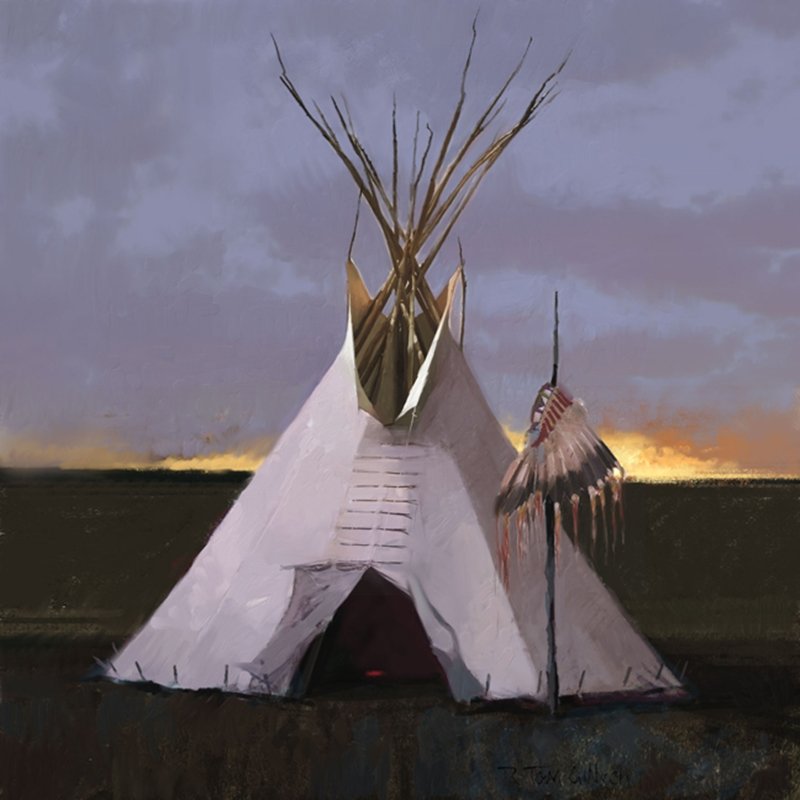 HEADDRESS LODGE - R. TOM GILLEON: Headdress Lodge - R. Tom Gilleon - Hand Signed - Limited Edition Canvas - Image Size: 24"w X 24"h. Edition Size:50 - Prior to having collected enough feathers to create a bonnet, each feather a warrio