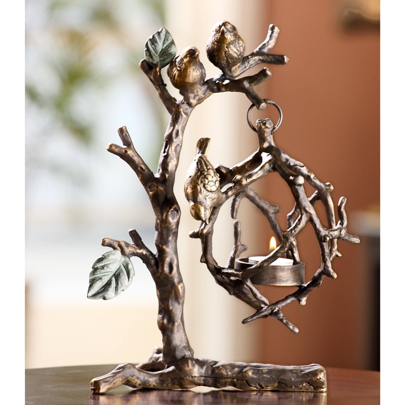 BIRD & BRANCH HANGING VOTIVE H: Bird & Branch Hanging Votive H - Weight: 2.00 Lbs - Size: 13"H 8.5"W 6"D - Material: ALUMINUM