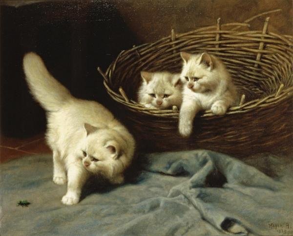 ARTHUR HEYER - WHITE ANGORA KITTENS WITH A BEETLE: Arthur Heyer - White Angora Kittens With A Beetle - 30 X 24 1/4 In. - This Giclée Print Is Gallery Stretched And Ready To Hang Or Lean Against A Wall, Or Display On An Easel. - A Giclée Print Is The