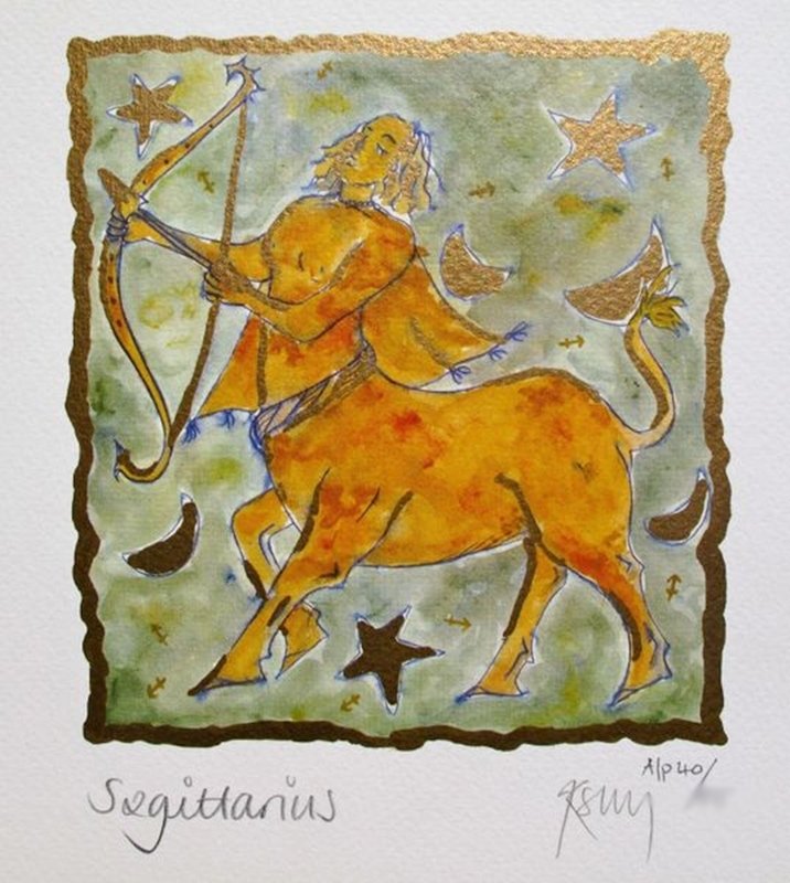 KELLY JANE SAGITARIUS HAND SIGNED LIMITED ED.: This Is A Limited Edition Hand Signed Lithograph By Kelly Jane Titled "sagittarius". Medium: Photo Lithography On Feltmark Paper With Gold Leaf Accents [signed And Numbered By The Artist]. This Piece 