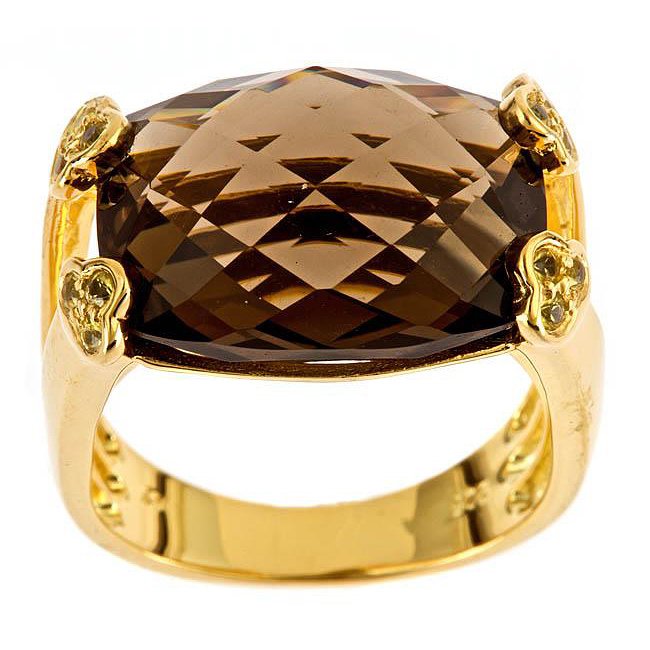 GOLD OVER SILVER SMOKEY QUARTZ AND YELLOW SAPPHIRE RING: Faceted Cushion-cut Smokey Quartz Gemstone Accentuated By Three Vibrant Yellow Sapphires On Each Of The Four Clover-style Prongs. Gold Over Silver With A Highly Polished Finish. Gemstone Colors: Brown