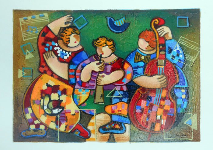 DORIT LEVI - THE TRIO OF THE NIGHT: Artist: Dorit Levi. Title: The Trio of the Night. Medium: Serigraph on Paper. Image Size: 5.25x8.25. Paper Size: 7.5x10.5. Limited Edition Size: 490. __________Artist Biography: Dorit Levi has created