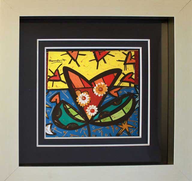 ROMERO BRITTO - FLOWER: ROMERO BRITTO - FLOWER - 3 D ART FROM BRITTO'S 2013 CALENDER ENHANCED BY ARTIST SOLOMI. Size: 23.5X24. COA: NO. Framed: YES