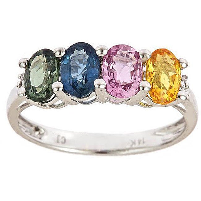 14K GOLD MULTICOLOR SAPPHIRE AND DIAMOND RING (SIZE 7): Ring Is Fashioned Of 14 Karat White Gold Jewelry Features Four Oval Multicolor Sapphire Stones (yellow, Pink, Blue And Green) Sapphire Measure 6 Mm Long X 4 Mm Wide Four Round Diamonds Weigh 0.02* Car
