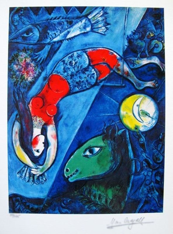 MARC CHAGALL BLUE CIRCUS LIMITED ED. SMALL GICLÉE: This Is A Marc Chagall Giclee Titled "blue Circus". This Piece Is Facsimile Signed On The Lower Right And Is Pencil Numbered On The Lower Left From An Edition Of 375. Paper Measures Approximately 15" 