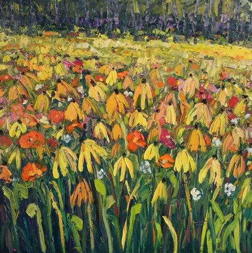 Jeff Boutin - CONE FLOWERS 20X20: CONE FLOWERS 20X20 - "cone Flowers" Is A Floral Canvas Giclee By Jeff Boutin. This Canvas Is Gallery Wrapped . Giclee on Canvas The Canvas Actually Wraps Around The Edges Of The Frame, Giving Your Pri
