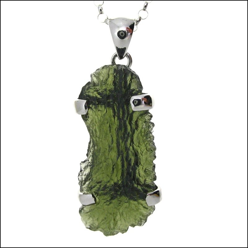 LONGER MOLDAVITE PENDANT: Longer Moldavite Pendant---metal: Sterling Silver Frame-stones: 20 Carat Moldovite-measures: 1.75" Tall X .60" Wide-