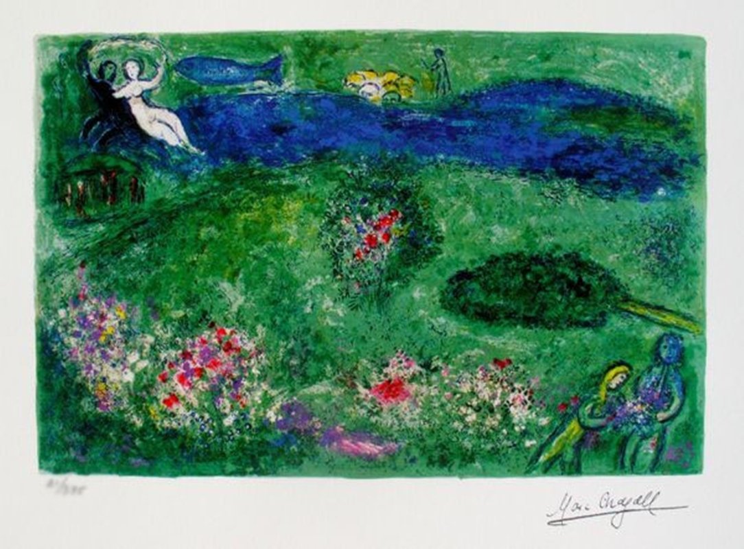 MARC CHAGALL THE ORCHARD LIMITED ED. SMALL GICLÉE: Marc Chagall Limited Edition Giclee Titled "the Orchard". This Subject Is Facsimile Signed Which Means It Has A Copy Of Chagall's Signature. Numbered From A Limited Edition Of 375. Image Measures 8" X