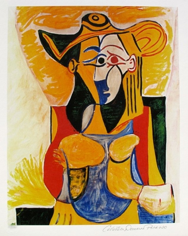 #40 SEATED WOMAN WITH YELLOW AND GREEN HAT PICASSO: This Is A Pablo Picasso Giclee Titled "seated Woman With Yellow And Green Hat". This Piece Is Pencil Signed On The Lower Right As 'collection Domaine Picasso' And Has An Embossed Seal Stamped By The P