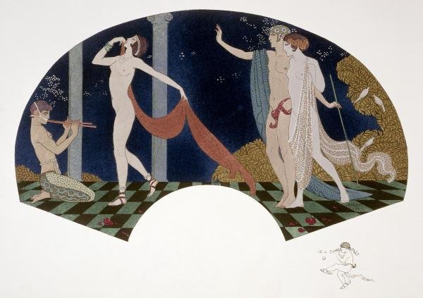 GEORGES BARBIER - FAN: FOUR FIGURES: Georges Barbier - Fan: Four Figures - 36 X 25 3/8 In. - This Giclée Print Is Gallery Stretched And Ready To Hang Or Lean Against A Wall, Or Display On An Easel. - A Giclée Print Is The Highest Quali