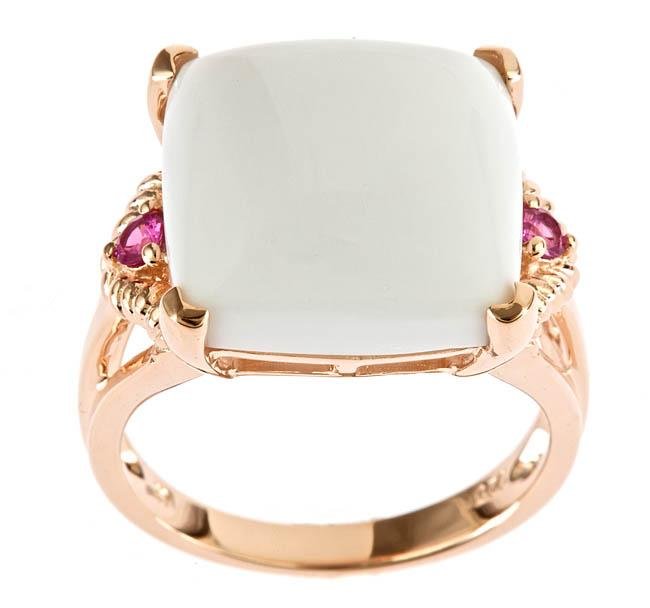 GOLD OVER SILVER WHITE AGATE AND PINK SAPPHIRE RING: White Agate Gemstone Is Set Off With Two Shimmering Round Pink Sapphires In Prong Settings On This Luminous Ring. High Polish Finish. Gemstone Colors: White, Pink Gemstone Shapes: Square, Round One Pr