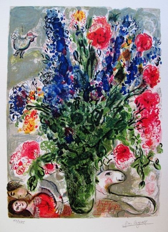 MARC CHAGALL LES LUPINS BLEUS LIMITED ED. SMALL GICLÉE: This Is A Marc Chagall Giclee Titled "les Lupins Bleus". This Piece Is Facsimile Signed On The Lower Right And Is Pencil Numbered On The Lower Left From An Edition Of 375. Paper Measures Approximately