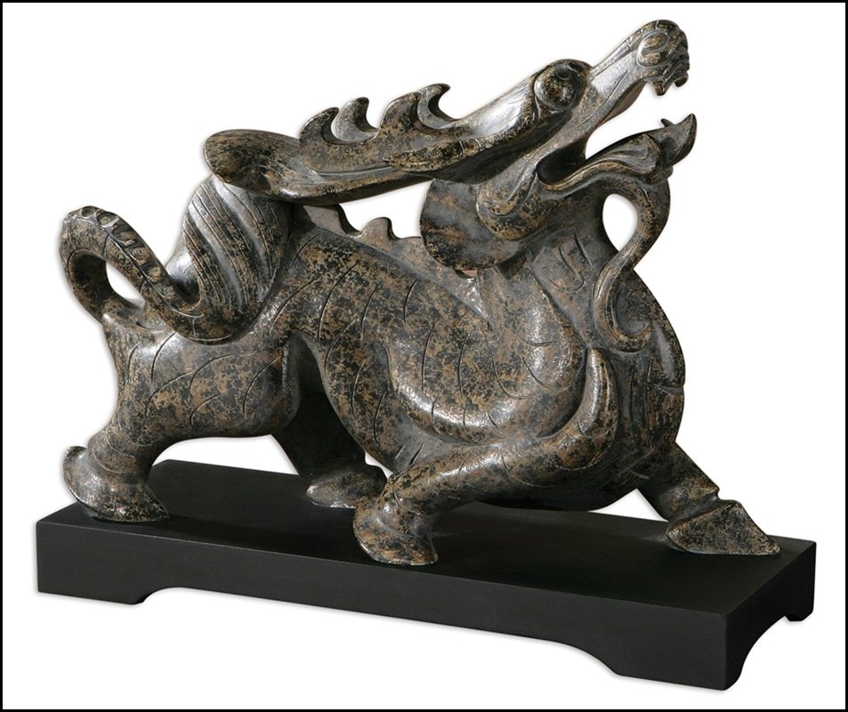 DRAGON SCULPTURE: Dragon Sculpture - Material: RESIN, MDF - Overall Depth: 5.5 Inches - Overall Width: 14.5 Inches - Overall Height: 12 Inches - Weight: 9 Lbs. - Description: Features A Dark Mahogany Finish With A Heav