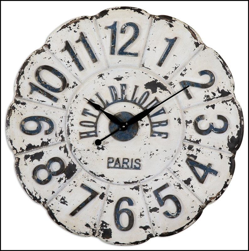 DE LOUVRE WHITE WALL CLOCK: De Louvre White Wall Clock - Material: MDF - Overall Depth: 1.375 Inches - Overall Width: 31.5 Inches - Overall Height: 31.5 Inches - Weight: 12 Lbs. - Description: Heavily Distressed Aged Ivory With 