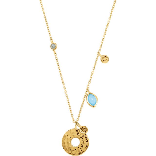 MISSOMA GEMSTONE NECKLACE: MISSOMA GEMSTONE NECKLACE - 18K Yellow Vermeil / Necklace / Complete With Stone / Organic & Round / Various / Blue Chalcedony & Labradorite / Polished / 17.50" Necklace W/Missoma Box - Weight: 83.28DW