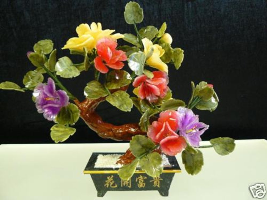 REAL JADE BONSAI FLOWER: Real Jade Bonsai Flower - Width: 14", High: 16", Depth: 9". - This Flower Is Made From Variety Of Color Jade. There Are Yellow And Red. Its Leaf Is Made Of Taiwan Jade. It Is An Ideal Decoration For Y