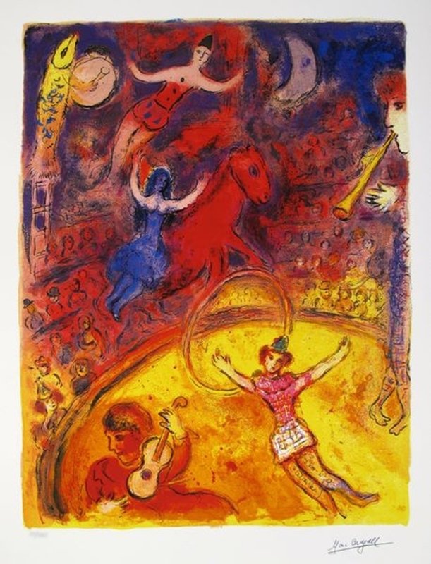 MARC CHAGALL CIRCUS LIMITED ED. GICLEE: Marc Chagall Limited Edition Giclee Titled "circus". This Piece Is Plate Signed On The Lower Right And Is Pencil Numbered On The Lower Left From An Edition Of 375. Measures Approximately 22.5" X 17". 