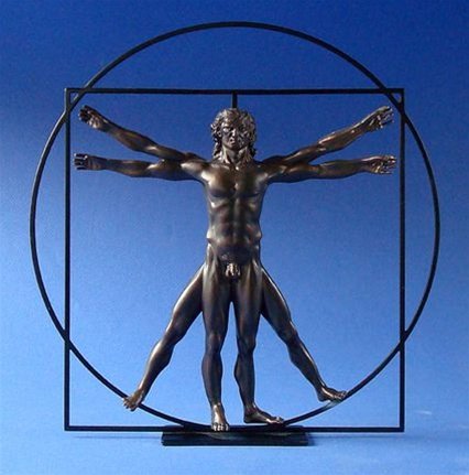 VITRUVIAN UNIVERSAL MAN BY DAVINCI, BRONZE: Vitruvian Universal Man By Davinci, Bronze - Size: 8.5"h X 8.5"w X 1.75"d Item Type: Renaissance Statue Material: Resin And Metal Weight (lbs): 0.6 Lbs - - Leonardo Davinci Tended To Compensate For Hi